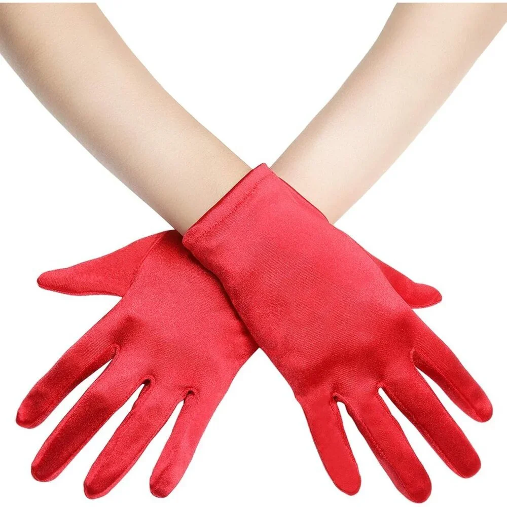 Women's Short Red Satin Silk Gloves Banquet Wedding Party Costume Accessories